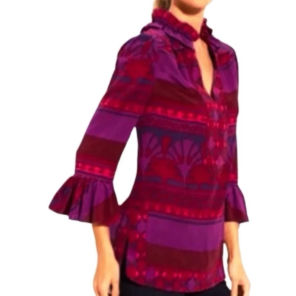 Tory Burch Silk Geometric Print Ruffle High V Neck 3/4 Tunic Blouse Top Sz 4